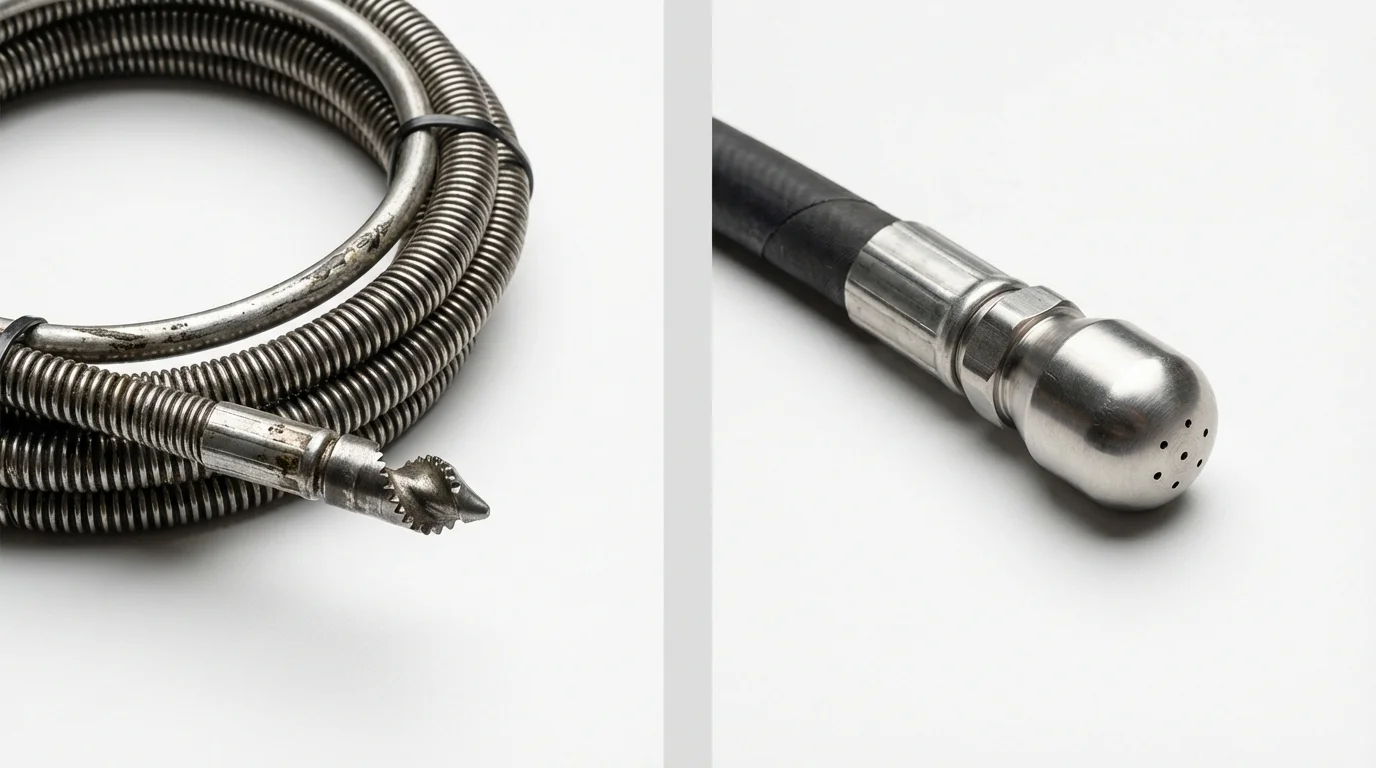 Drain snake cable and hydro jetting nozzle used for drain cleaning in California, PA