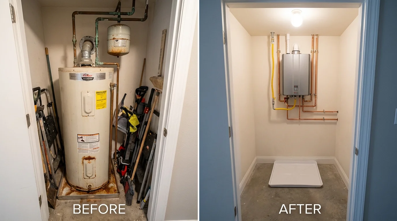 Tank water heater versus wall-mounted tankless unit comparison for California, PA homeowners