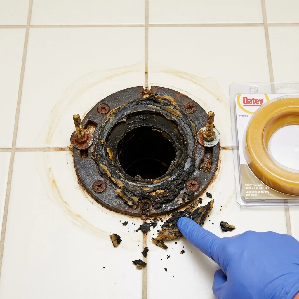 Failed wax ring showing water seepage at the base of a toilet in a California, PA home
