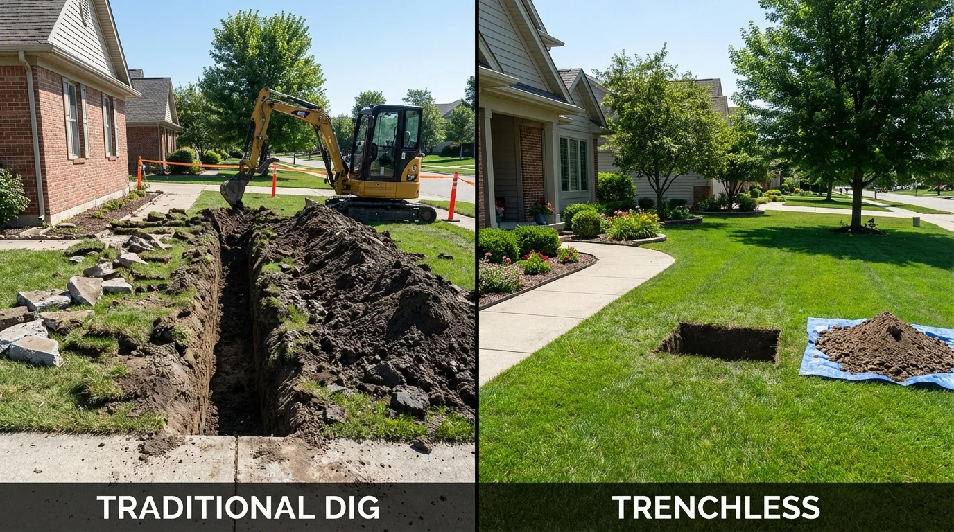 Trenchless sewer repair with minimal yard damage versus traditional excavation in California, PA