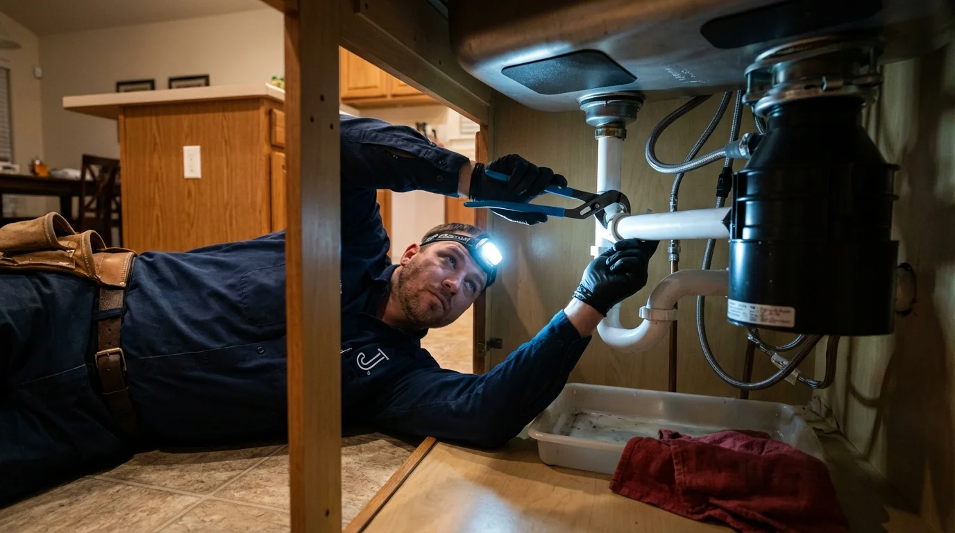 P-trap and supply line connections under a kitchen sink showing a common leak point in California, PA